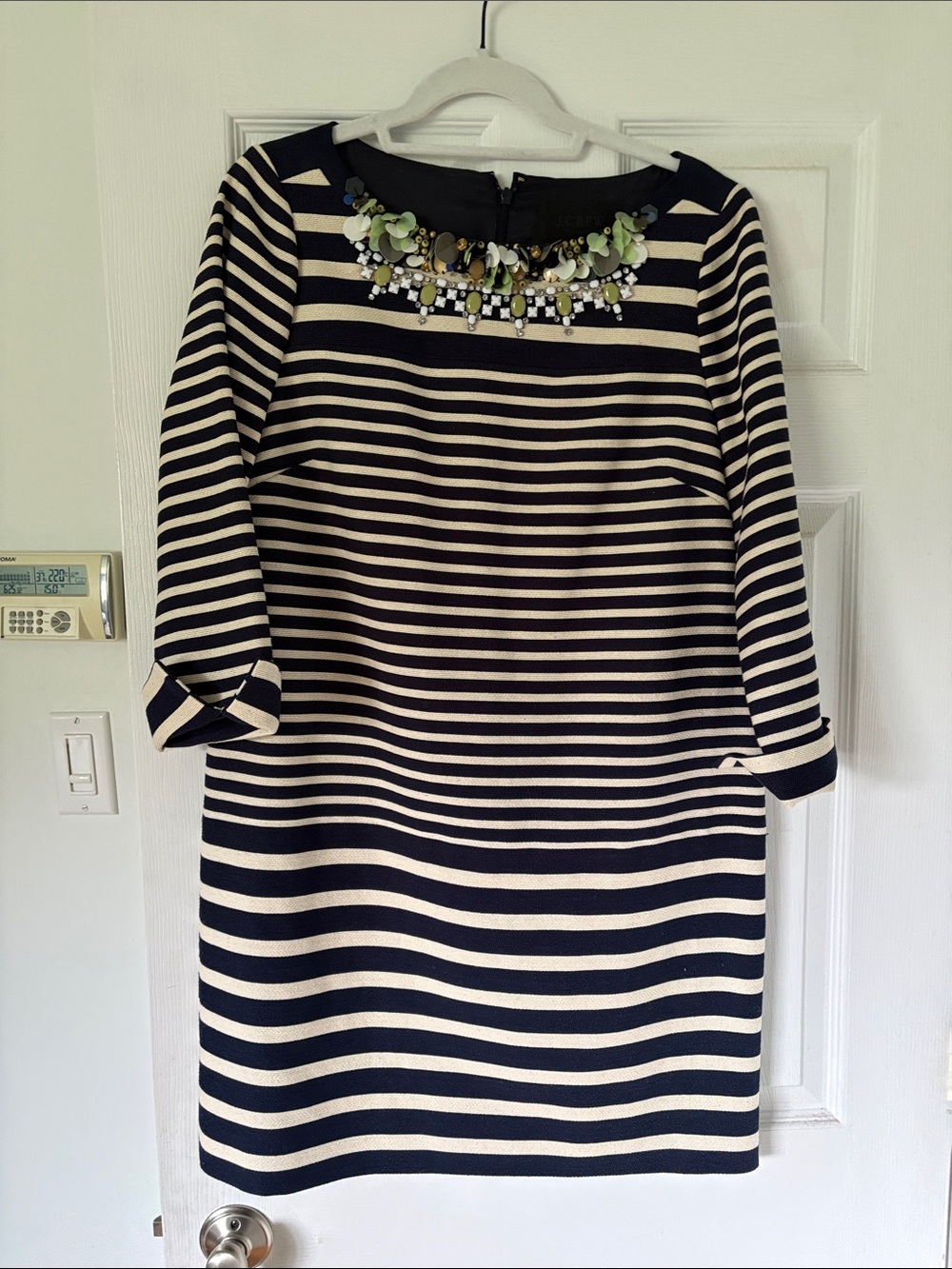 J. Crew Navy and Cream Striped Jewel-Neck Long Sleeve Dress
